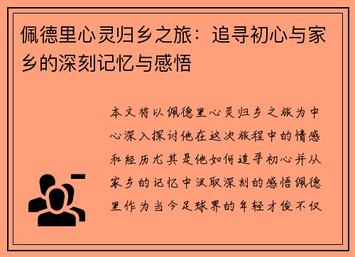 佩德里心灵归乡之旅：追寻初心与家乡的深刻记忆与感悟